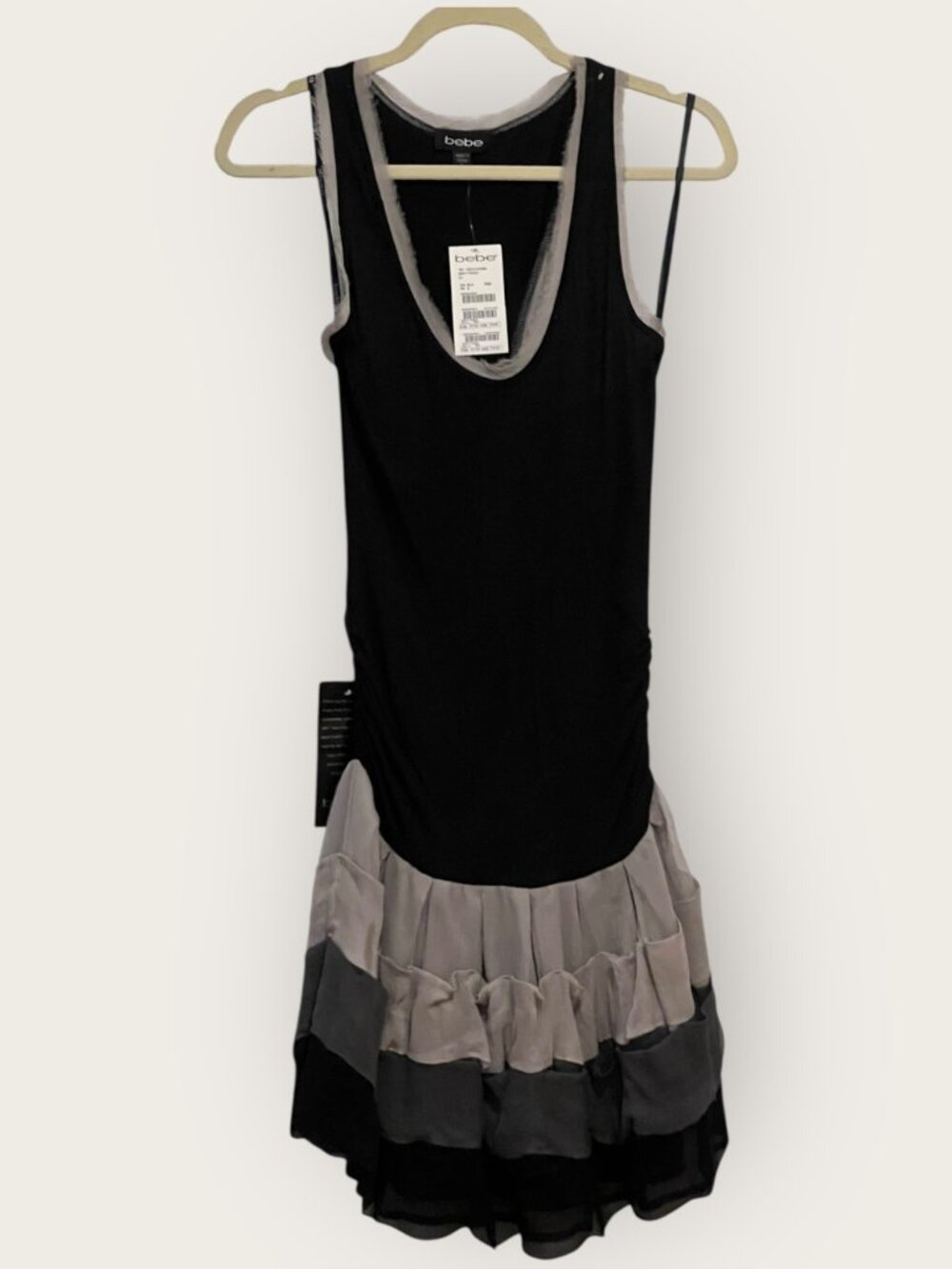 bebe Black & Gray Tiered Ruffle Dress – Size S – NWT